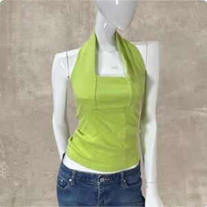 Contempo Casuals Chartreuse Lime Green Halter Top Y2K Knit Open Back Small